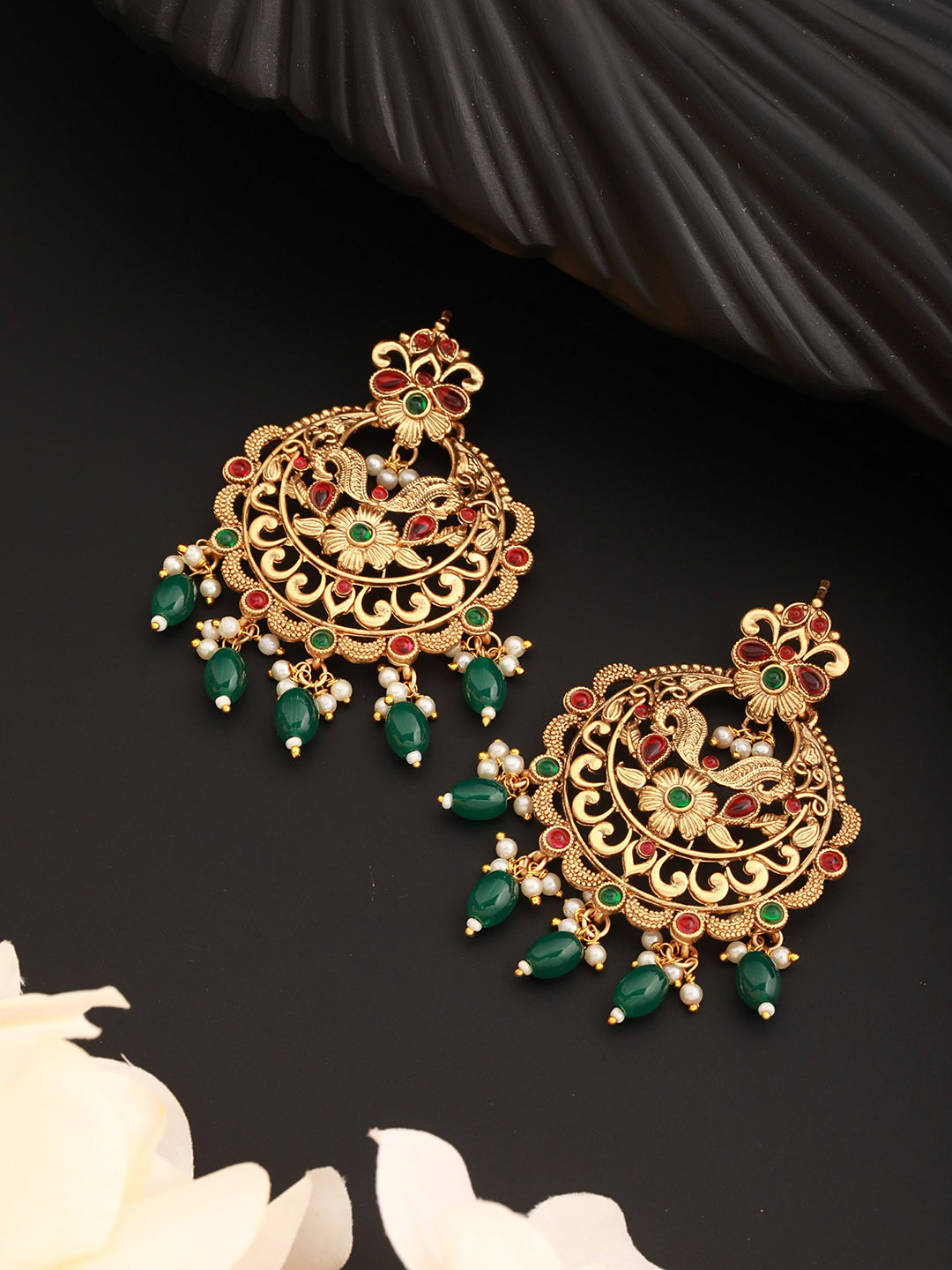 20K Gold Plated Red Stones Studded & Beaded Temple Chandbali Earrings